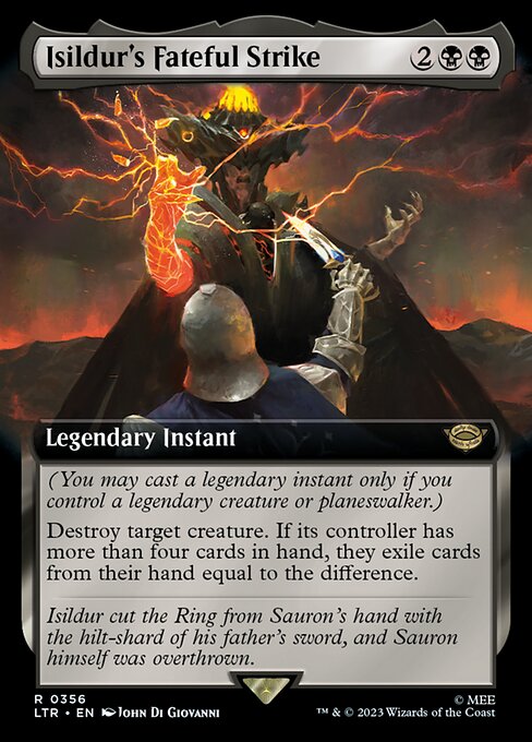 (You may cast a legendary instant only if you control a legendary creature or planeswalker.)
Destroy target creature. If its controller has more than four cards in hand, they exile cards from their hand equal to the difference.
