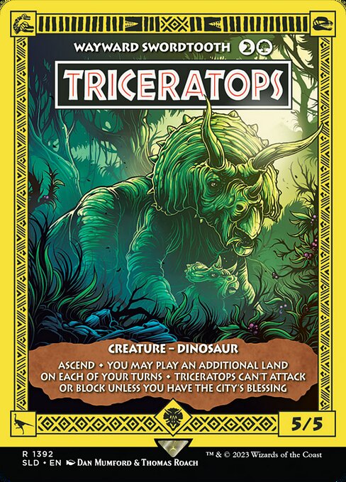 Ascend (If you control ten or more permanents, you get the city's blessing for the rest of the game.)
You may play an additional land on each of your turns.
Wayward Swordtooth can't attack or block unless you have the city's blessing.