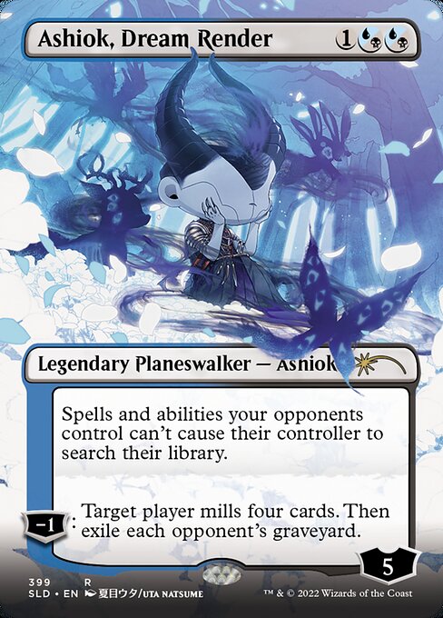 Spells and abilities your opponents control can't cause their controller to search their library.
−1: Target player mills four cards. Then exile each opponent's graveyard.
