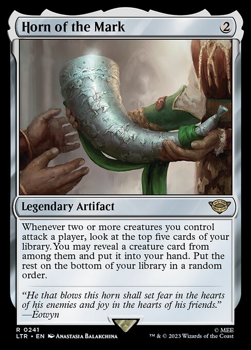 Whenever two or more creatures you control attack a player, look at the top five cards of your library. You may reveal a creature card from among them and put it into your hand. Put the rest on the bottom of your library in a random order.