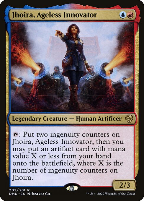 {T}: Put two ingenuity counters on Jhoira, Ageless Innovator, then you may put an artifact card with mana value X or less from your hand onto the battlefield, where X is the number of ingenuity counters on Jhoira.
