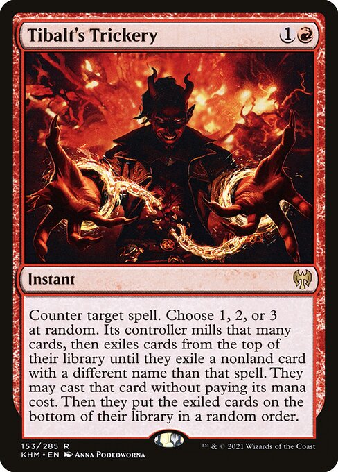 Counter target spell. Choose 1, 2, or 3 at random. Its controller mills that many cards, then exiles cards from the top of their library until they exile a nonland card with a different name than that spell. They may cast that card without paying its mana cost. Then they put the exiled cards on the bottom of their library in a random order.