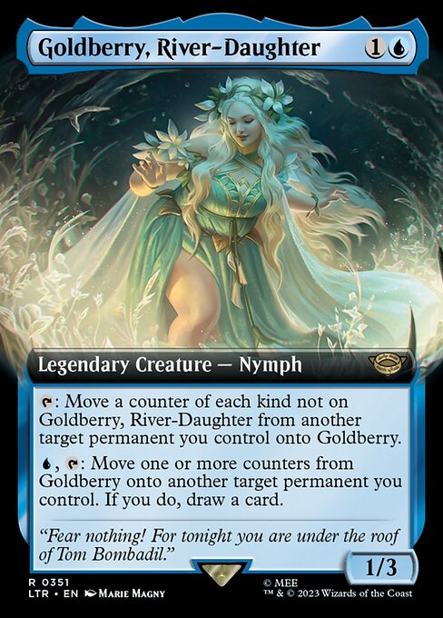 {T}: Move a counter of each kind not on Goldberry, River-Daughter from another target permanent you control onto Goldberry.
{U}, {T}: Move one or more counters from Goldberry onto another target permanent you control. If you do, draw a card.