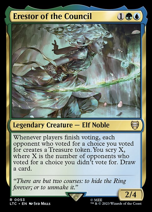 Whenever players finish voting, each opponent who voted for a choice you voted for creates a Treasure token. You scry X, where X is the number of opponents who voted for a choice you didn't vote for. Draw a card.