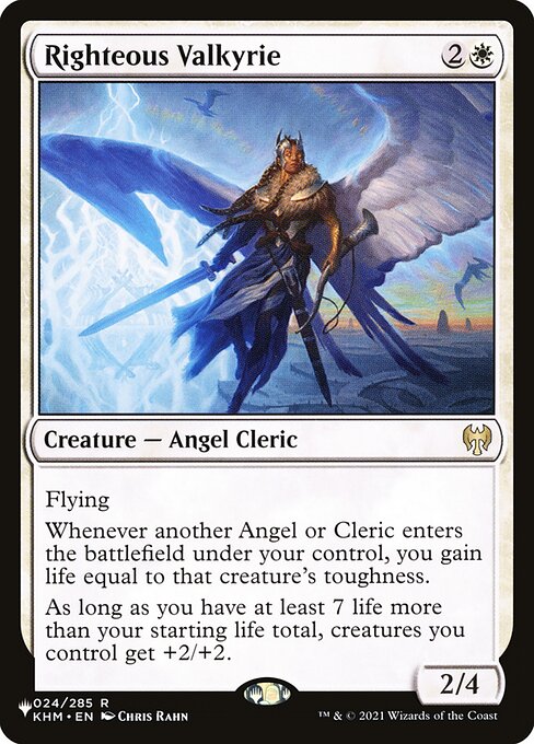 Flying
Whenever another Angel or Cleric enters the battlefield under your control, you gain life equal to that creature's toughness.
As long as you have at least 7 life more than your starting life total, creatures you control get +2/+2.