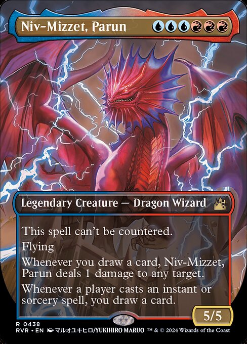 This spell can't be countered.
Flying
Whenever you draw a card, Niv-Mizzet, Parun deals 1 damage to any target.
Whenever a player casts an instant or sorcery spell, you draw a card.