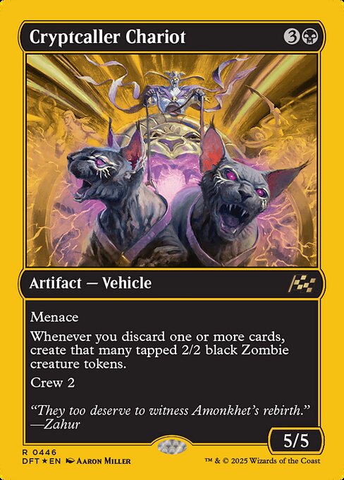 Menace
Whenever you discard one or more cards, create that many tapped 2/2 black Zombie creature tokens.
Crew 2