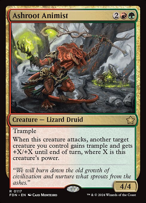 Trample
When this creature attacks, another target creature you control gains trample and gets +X/+X until end of turn, where X is this creature's power.