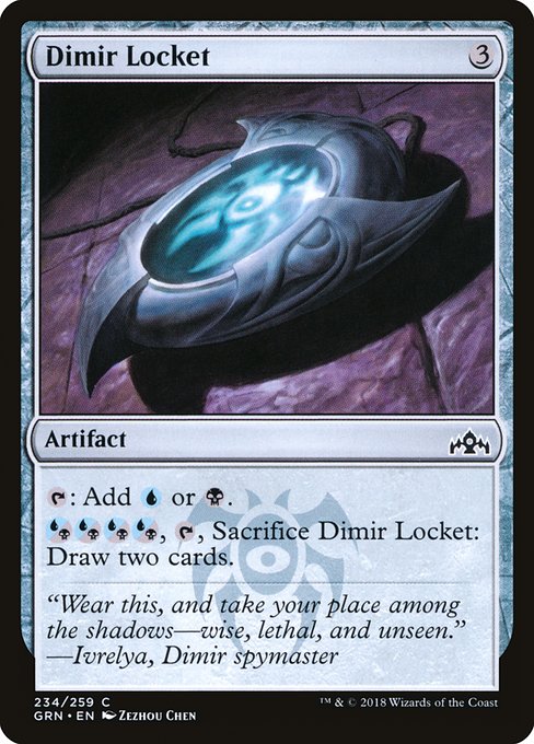 {T}: Add {U} or {B}.
{U/B}{U/B}{U/B}{U/B}, {T}, Sacrifice Dimir Locket: Draw two cards.