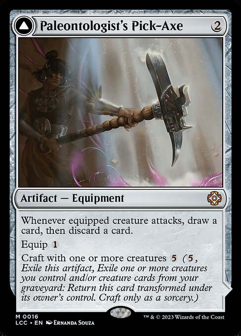 Whenever equipped creature attacks, draw a card, then discard a card.
Equip {1}
Craft with one or more creatures {5} ({5}, Exile this artifact, Exile one or more creatures you control and/or creature cards from your graveyard: Return this card transformed under its owner's control. Craft only as a sorcery.) When this Equipment enters, attach it to target creature you control.
As this Equipment becomes attached to a creature, choose an exiled creature card used to craft this Equipment.
Equipped