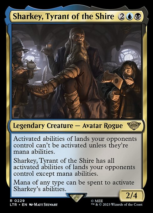 Activated abilities of lands your opponents control can't be activated unless they're mana abilities.
Sharkey, Tyrant of the Shire has all activated abilities of lands your opponents control except mana abilities.
Mana of any type can be spent to activate Sharkey's abilities.