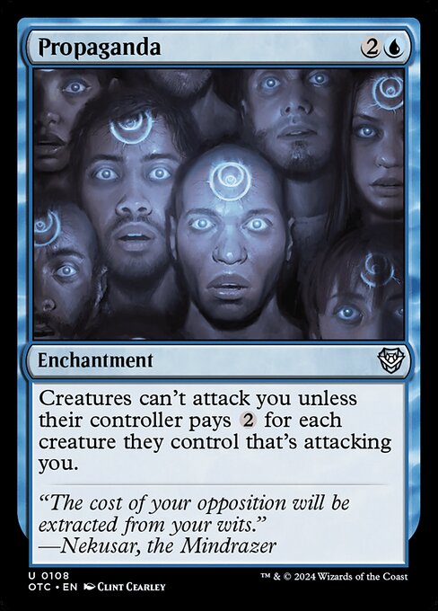 Creatures can't attack you unless their controller pays {2} for each creature they control that's attacking you.