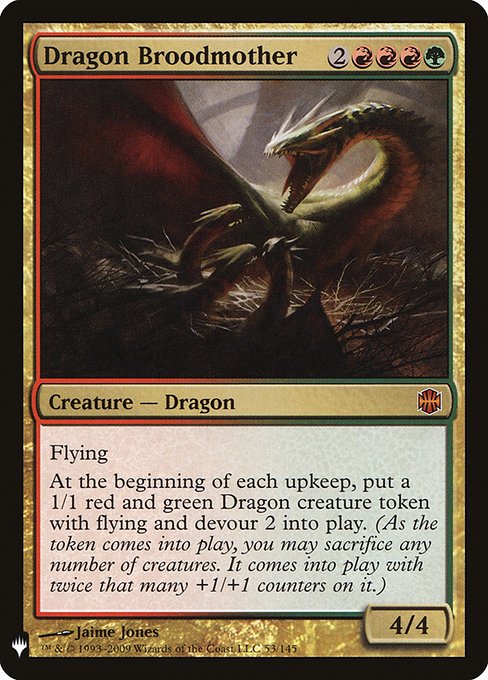 Flying
At the beginning of each upkeep, create a 1/1 red and green Dragon creature token with flying and devour 2. (As the token enters, you may sacrifice any number of creatures. It enters with twice that many +1/+1 counters on it.)