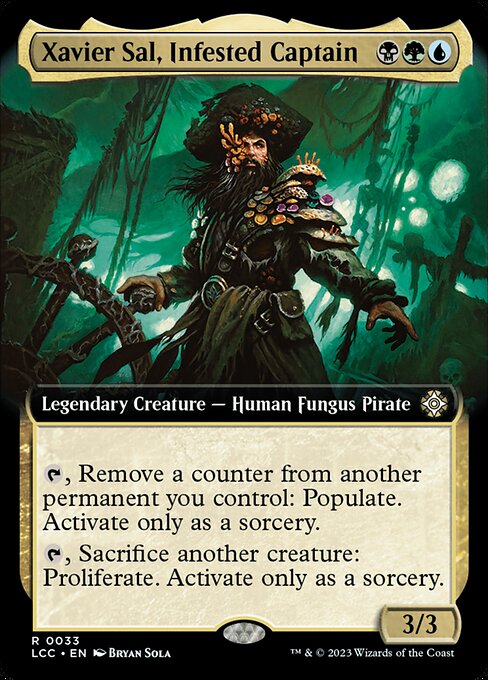 {T}, Remove a counter from another permanent you control: Populate. Activate only as a sorcery. (Create a token that's a copy of a creature token you control.)
{T}, Sacrifice another creature: Proliferate. Activate only as a sorcery. (Choose any number of permanents and/or players, then give each another counter of each kind already there.)