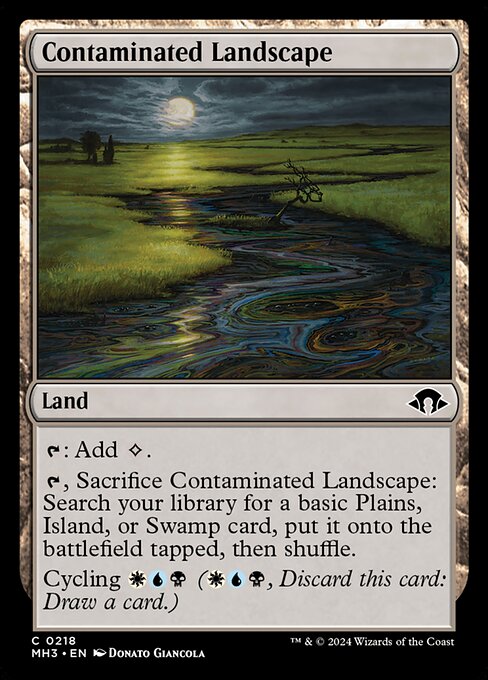 {T}: Add {C}.
{T}, Sacrifice Contaminated Landscape: Search your library for a basic Plains, Island, or Swamp card, put it onto the battlefield tapped, then shuffle.
Cycling {W}{U}{B} ({W}{U}{B}, Discard this card: Draw a card.)