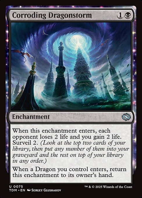 When this enchantment enters, each opponent loses 2 life and you gain 2 life. Surveil 2. (Look at the top two cards of your library, then put any number of them into your graveyard and the rest on top of your library in any order.)
When a Dragon you control enters, return this enchantment to its owner's hand.