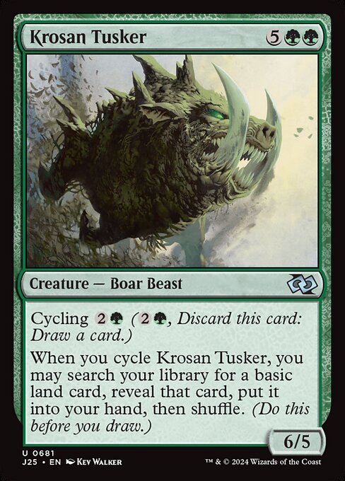 Cycling {2}{G} ({2}{G}, Discard this card: Draw a card.)
When you cycle Krosan Tusker, you may search your library for a basic land card, reveal that card, put it into your hand, then shuffle. (Do this before you draw.)