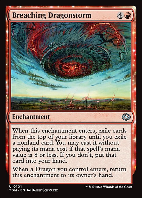 When this enchantment enters, exile cards from the top of your library until you exile a nonland card. You may cast it without paying its mana cost if that spell's mana value is 8 or less. If you don't, put that card into your hand.
When a Dragon you control enters, return this enchantment to its owner's hand.