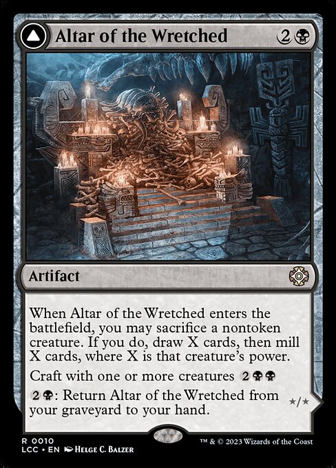 When this artifact enters, you may sacrifice a nontoken creature. If you do, draw X cards, then mill X cards, where X is that creature's power.
Craft with one or more creatures {2}{B}{B}
{2}{B}: Return this card from your graveyard to your hand. Wretched Bonemass's power and toughness are each equal to the total power of the exiled cards used to craft it.
This creature has flying as long as an exiled card used to craft it has flying. The same is true for first strike, double strike, deathtouch