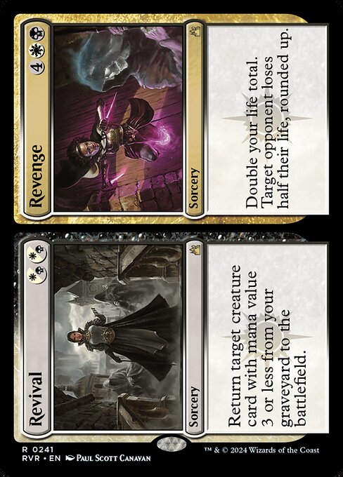 Return target creature card with mana value 3 or less from your graveyard to the battlefield. Double your life total. Target opponent loses half their life, rounded up.