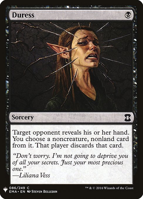 Target opponent reveals their hand. You choose a noncreature, nonland card from it. That player discards that card.