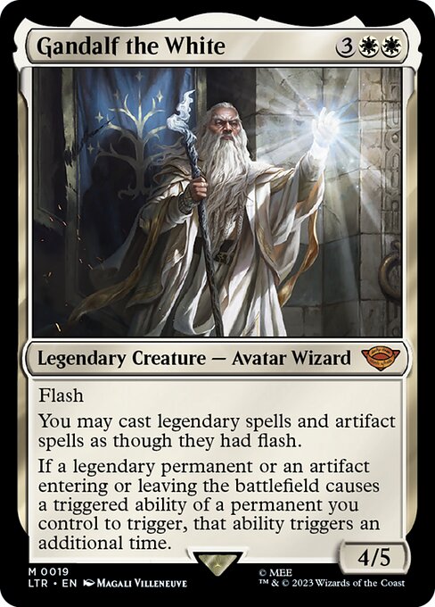 Flash
You may cast legendary spells and artifact spells as though they had flash.
If a legendary permanent or an artifact entering or leaving the battlefield causes a triggered ability of a permanent you control to trigger, that ability triggers an additional time.