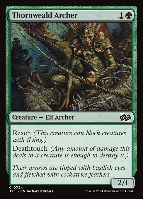Reach (This creature can block creatures with flying.)
Deathtouch (Any amount of damage this deals to a creature is enough to destroy it.)