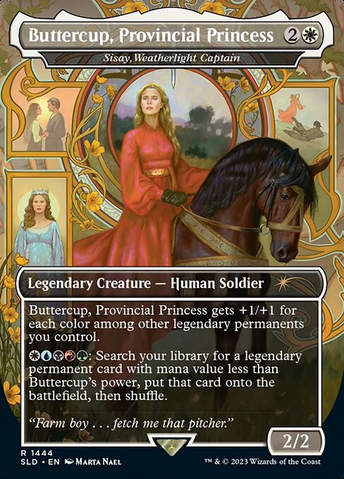 Sisay, Weatherlight Captain gets +1/+1 for each color among other legendary permanents you control.
{W}{U}{B}{R}{G}: Search your library for a legendary permanent card with mana value less than Sisay's power, put that card onto the battlefield, then shuffle.