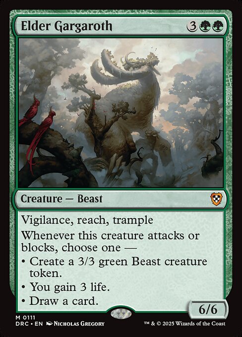 Vigilance, reach, trample
Whenever this creature attacks or blocks, choose one —
• Create a 3/3 green Beast creature token.
• You gain 3 life.
• Draw a card.