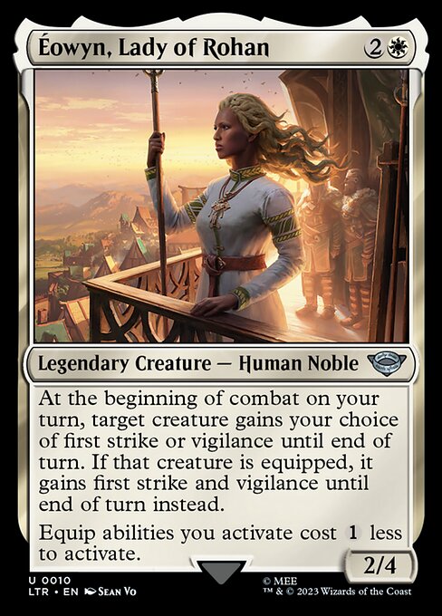 At the beginning of combat on your turn, target creature gains your choice of first strike or vigilance until end of turn. If that creature is equipped, it gains first strike and vigilance until end of turn instead.
Equip abilities you activate cost {1} less to activate.