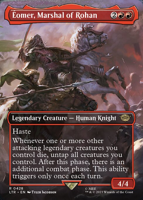 Haste
Whenever one or more other attacking legendary creatures you control die, untap all creatures you control. After this phase, there is an additional combat phase. This ability triggers only once each turn.