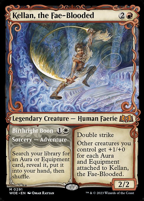 Double strike
Other creatures you control get +1/+0 for each Aura and Equipment attached to Kellan, the Fae-Blooded. Search your library for an Aura or Equipment card, reveal it, put it into your hand, then shuffle.