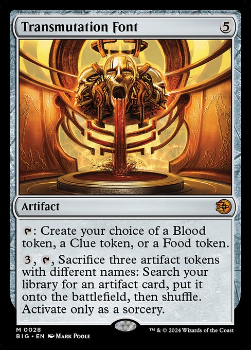 {T}: Create your choice of a Blood token, a Clue token, or a Food token.
{3}, {T}, Sacrifice three artifact tokens with different names: Search your library for an artifact card, put it onto the battlefield, then shuffle. Activate only as a sorcery.
