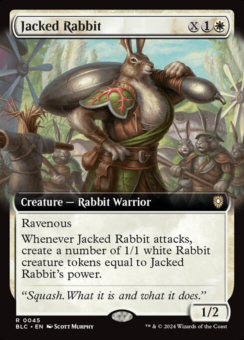 Ravenous (This creature enters with X +1/+1 counters on it. If X is 5 or more, draw a card when it enters.)
Whenever Jacked Rabbit attacks, create a number of 1/1 white Rabbit creature tokens equal to Jacked Rabbit's power.
