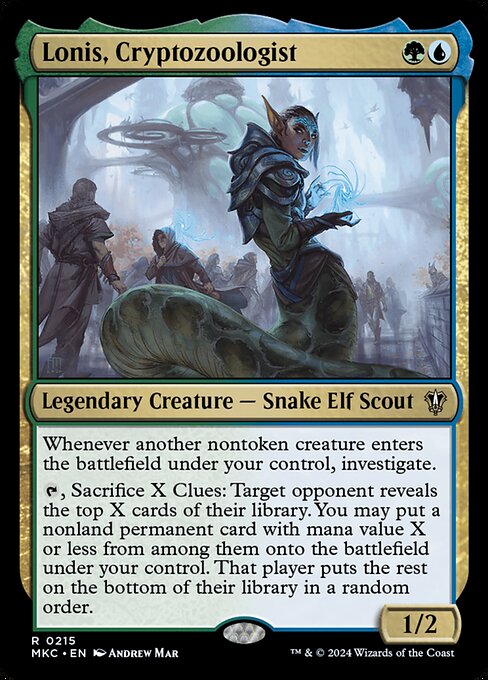 Whenever another nontoken creature enters the battlefield under your control, investigate.
{T}, Sacrifice X Clues: Target opponent reveals the top X cards of their library. You may put a nonland permanent card with mana value X or less from among them onto the battlefield under your control. That player puts the rest on the bottom of their library in a random order.