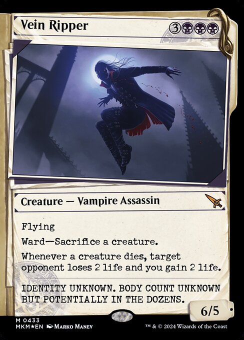 Flying
Ward—Sacrifice a creature.
Whenever a creature dies, target opponent loses 2 life and you gain 2 life.