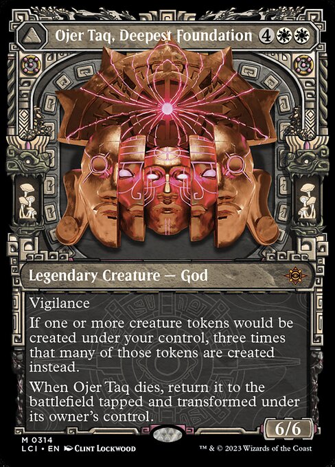 Vigilance
If one or more creature tokens would be created under your control, three times that many of those tokens are created instead.
When Ojer Taq dies, return it to the battlefield tapped and transformed under its owner's control. (Transforms from Ojer Taq, Deepest Foundation.)
{T}: Add {W}.
{2}{W}, {T}: Transform Temple of Civilization. Activate only if you attacked with three or more creatures this turn and only as a sorcery.