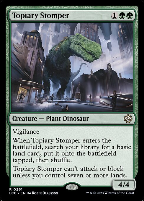 Vigilance (Attacking doesn't cause this creature to tap.)
When this creature enters, search your library for a basic land card, put it onto the battlefield tapped, then shuffle.
This creature can't attack or block unless you control seven or more lands.