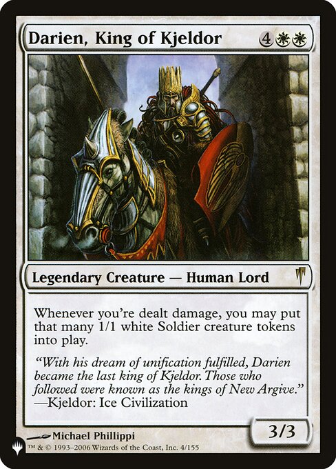 Whenever you're dealt damage, you may create that many 1/1 white Soldier creature tokens.