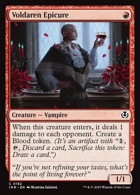 When Voldaren Epicure enters, it deals 1 damage to each opponent. Create a Blood token. (It's an artifact with "{1}, {T}, Discard a card, Sacrifice this artifact: Draw a card.")