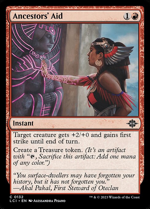 Target creature gets +2/+0 and gains first strike until end of turn.
Create a Treasure token. (It's an artifact with "{T}, Sacrifice this artifact: Add one mana of any color.")