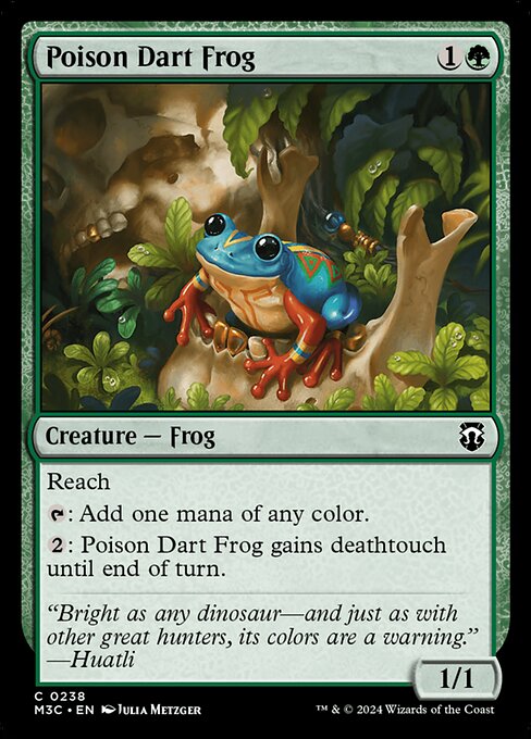 Reach
{T}: Add one mana of any color.
{2}: Poison Dart Frog gains deathtouch until end of turn.