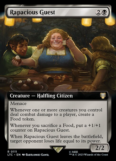Menace
Whenever one or more creatures you control deal combat damage to a player, create a Food token.
Whenever you sacrifice a Food, put a +1/+1 counter on Rapacious Guest.
When Rapacious Guest leaves the battlefield, target opponent loses life equal to its power.