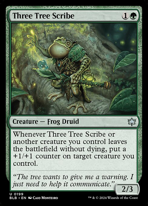 Whenever Three Tree Scribe or another creature you control leaves the battlefield without dying, put a +1/+1 counter on target creature you control.