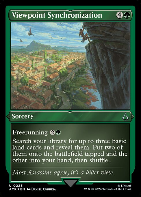 Freerunning {2}{G} (You may cast this spell for its freerunning cost if you dealt combat damage to a player this turn with an Assassin or commander.)
Search your library for up to three basic land cards and reveal them. Put two of them onto the battlefield tapped and the other into your hand, then shuffle.