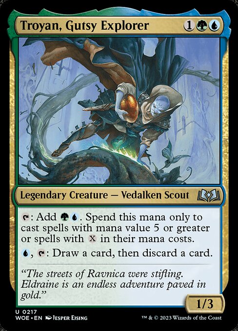 {T}: Add {G}{U}. Spend this mana only to cast spells with mana value 5 or greater or spells with {X} in their mana costs.
{U}, {T}: Draw a card, then discard a card.