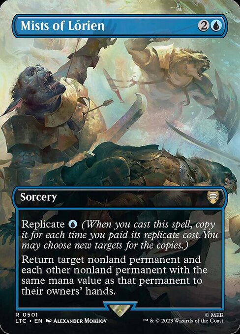 Replicate {U} (When you cast this spell, copy it for each time you paid its replicate cost. You may choose new targets for the copies.)
Return target nonland permanent and each other nonland permanent with the same mana value as that permanent to their owners' hands.