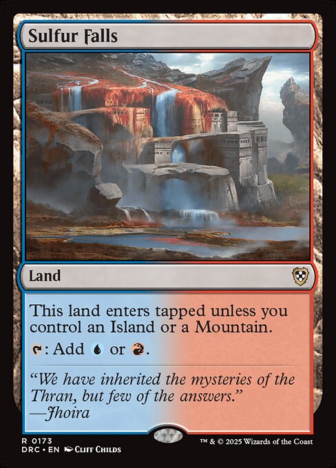 This land enters tapped unless you control an Island or a Mountain.
{T}: Add {U} or {R}.