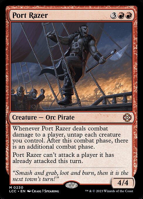 Whenever this creature deals combat damage to a player, untap each creature you control. After this phase, there is an additional combat phase.
This creature can't attack a player it has already attacked this turn.