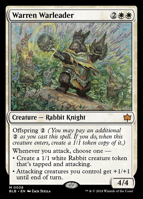 Offspring {2} (You may pay an additional {2} as you cast this spell. If you do, when this creature enters, create a 1/1 token copy of it.)
Whenever you attack, choose one —
• Create a 1/1 white Rabbit creature token that's tapped and attacking.
• Attacking creatures you control get +1/+1 until end of turn.
